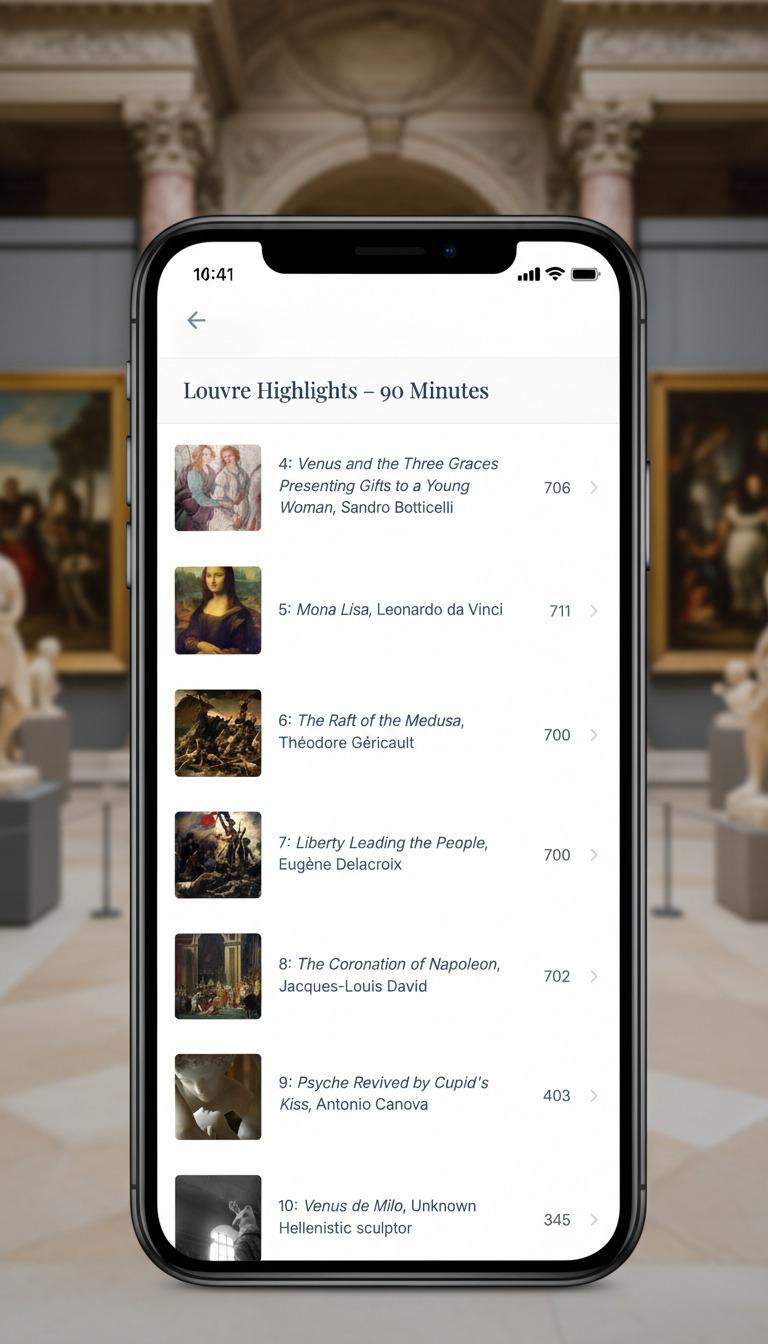 Museums Made Easy iPhone mockup showing Louvre highlights audio tour
